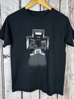 Mojang Black Gray Minecraft T-Shirt Youth Large Short Sleeve Cotton Crew Neck